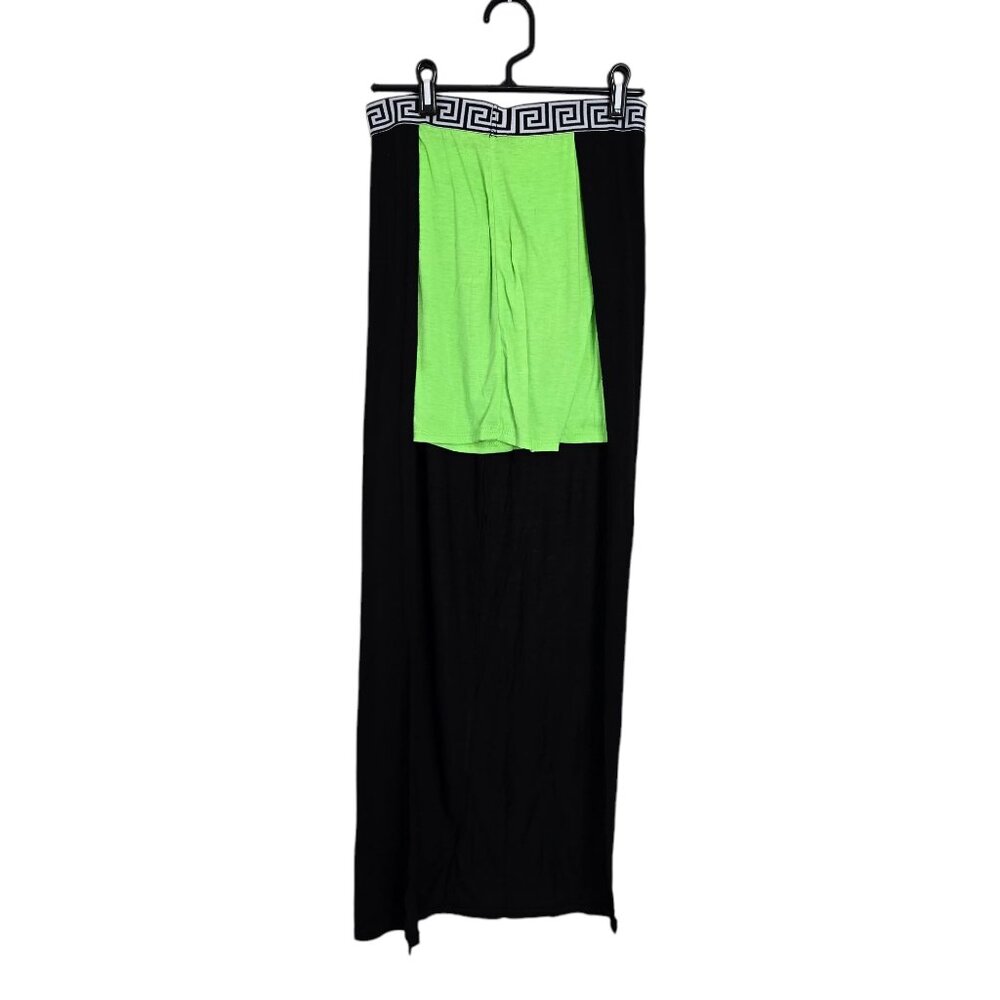Black and Neon Green 2 Length Skirt w. Fret Pattern Elastic Waistband SZ Medium